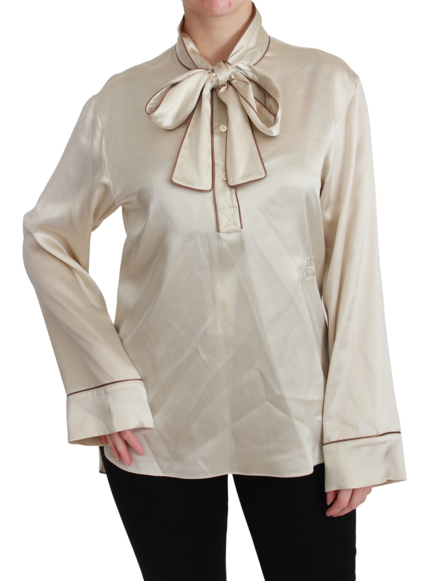 Dolce &amp; Gabbana Elegant beige silk satin blouse with QUEEN embroidery