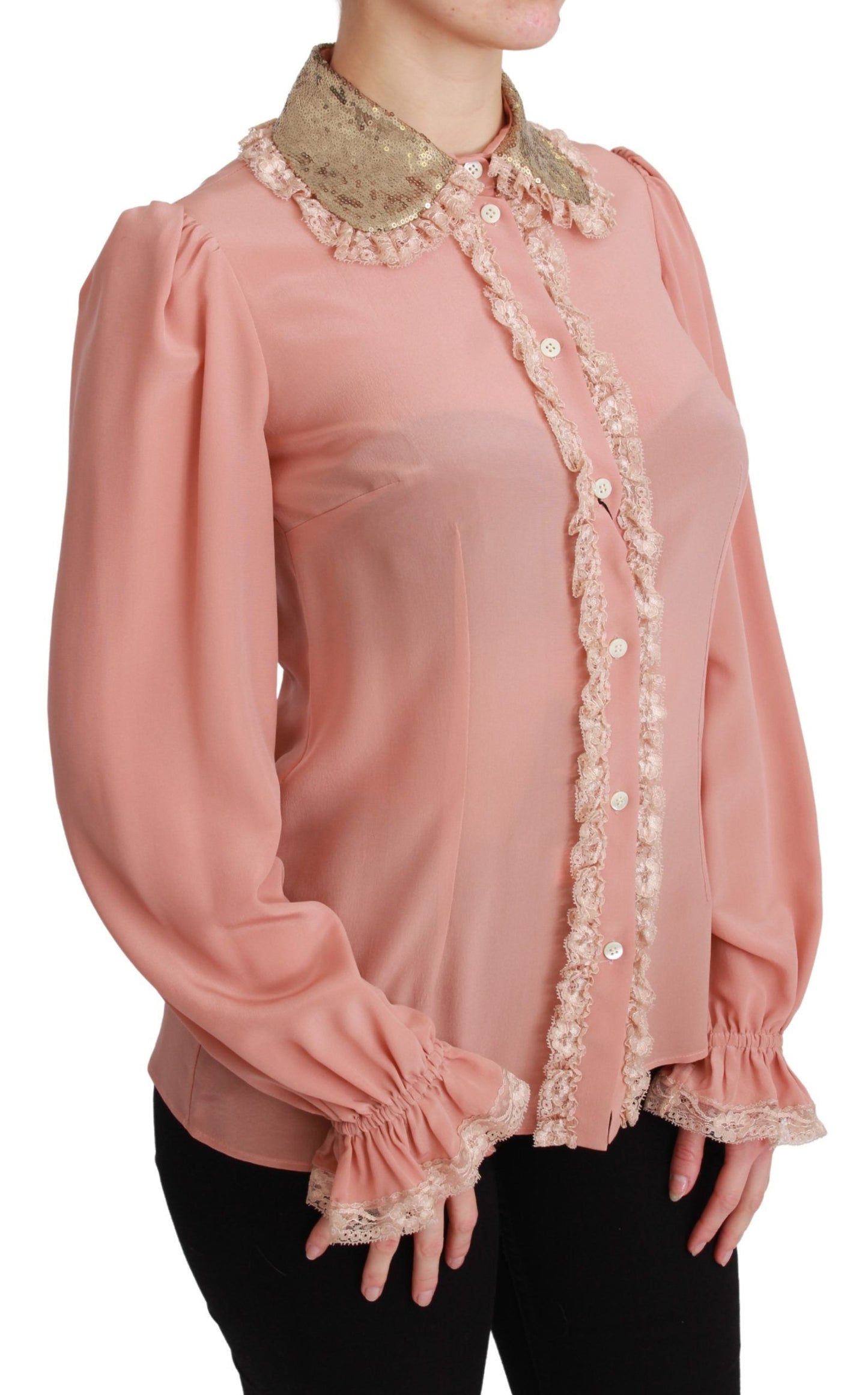 Dolce &amp; Gabbana Elegant pink silk lace blouse with gold sequins