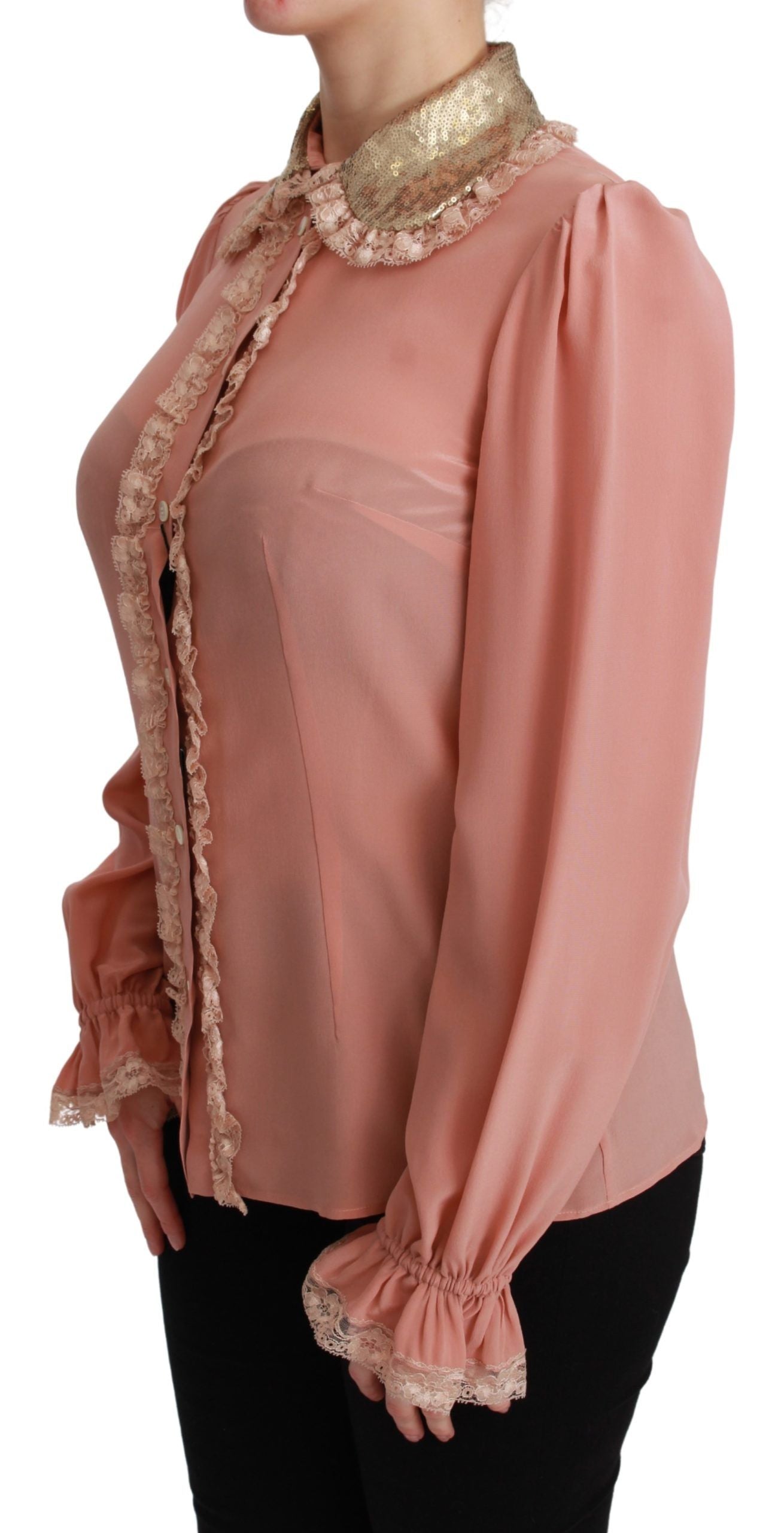 Dolce &amp; Gabbana Elegant pink silk lace blouse with gold sequins