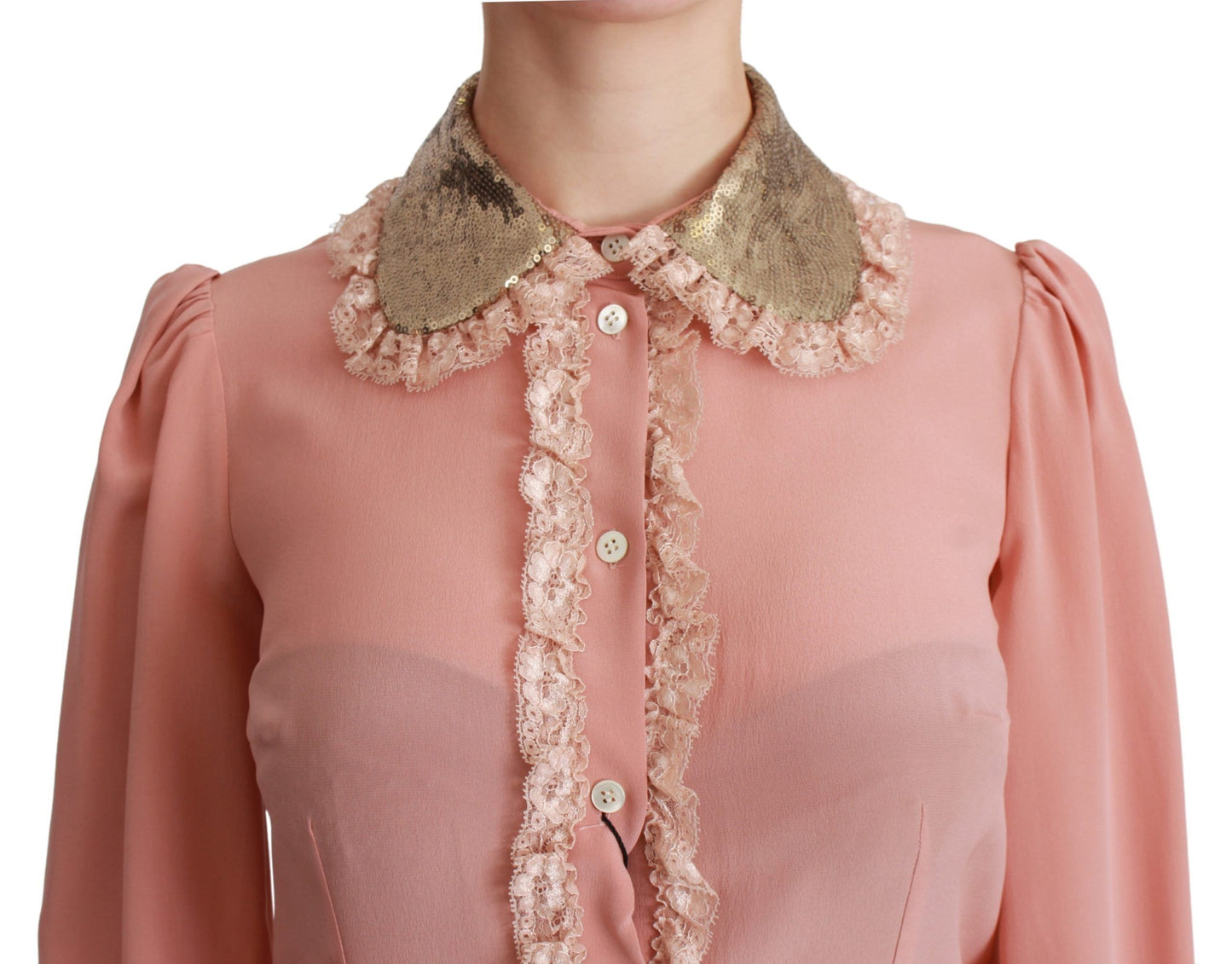 Dolce &amp; Gabbana Elegant pink silk lace blouse with gold sequins