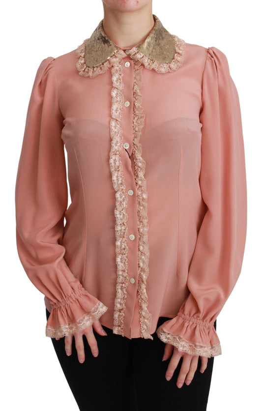 Dolce & Gabbana Elegante rosa Seidenbluse aus Spitze mit goldenen Pailletten