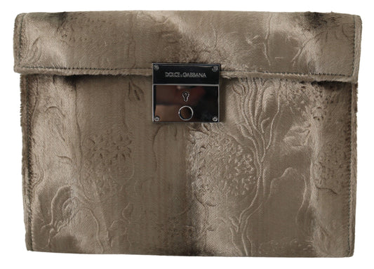 Dolce & Gabbana Beige Samt Krokoprägung Leder Aktentasche Clutch