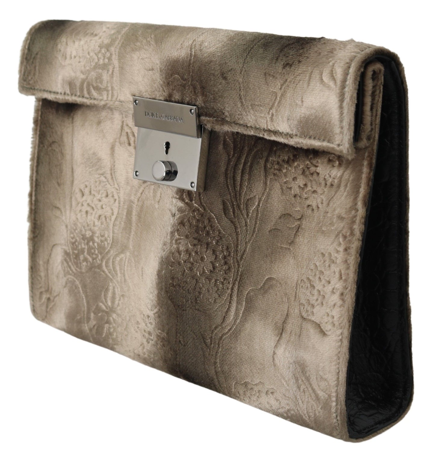 Dolce & Gabbana Beige Samt Krokoprägung Leder Aktentasche Clutch