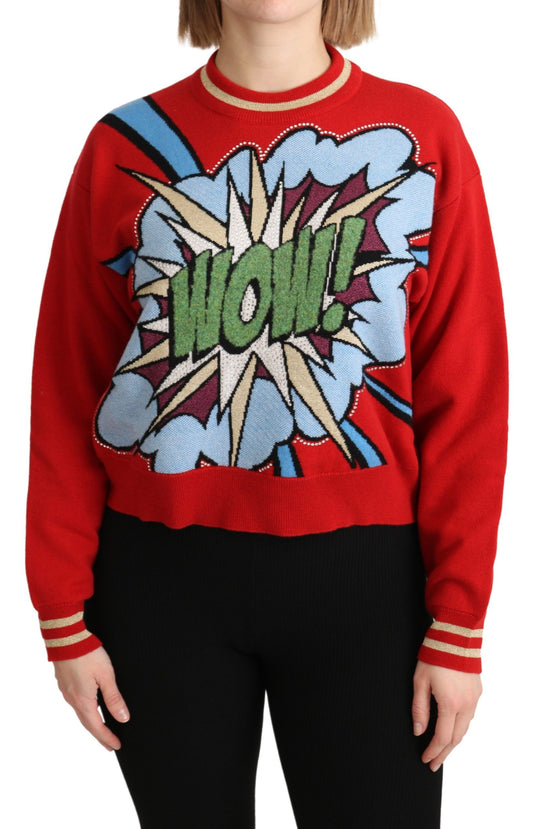 Dolce & Gabbana Strahlend roter Kaschmirpullover mit Cartoon-Motiven