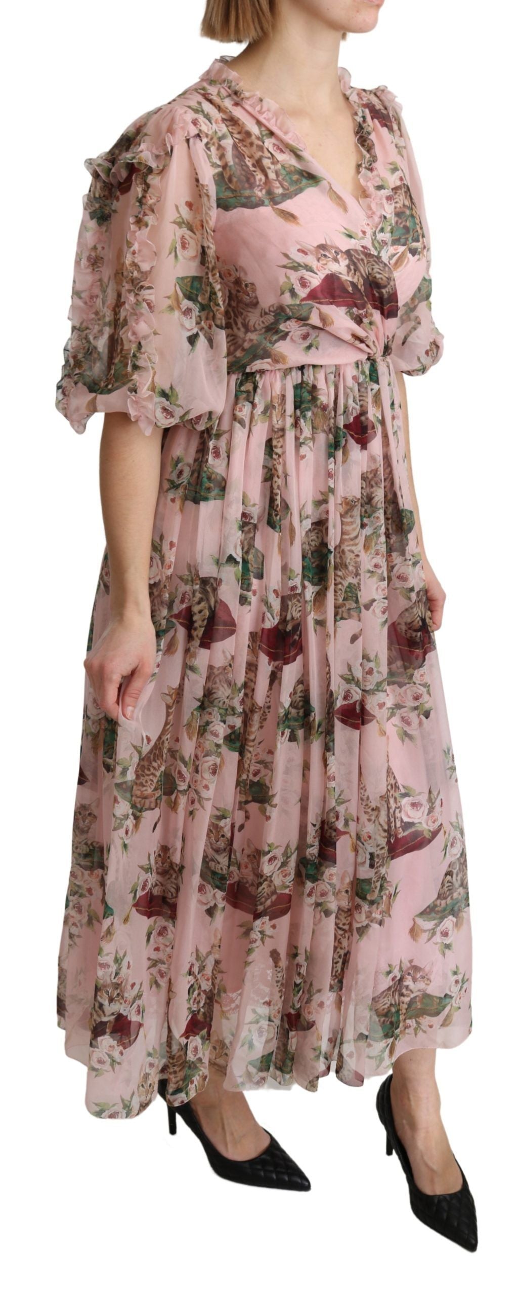 Dolce & Gabbana Elegantes Rosa Bengalkatzen-Print Maxikleid in A-Linie