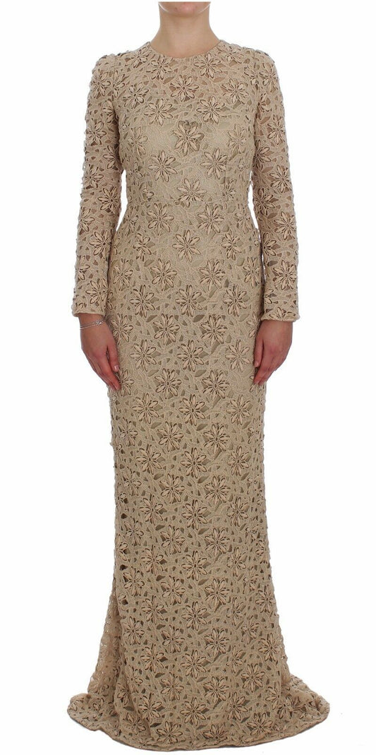 Dolce &amp; Gabbana beige long sleeve maxi dress with floral lace