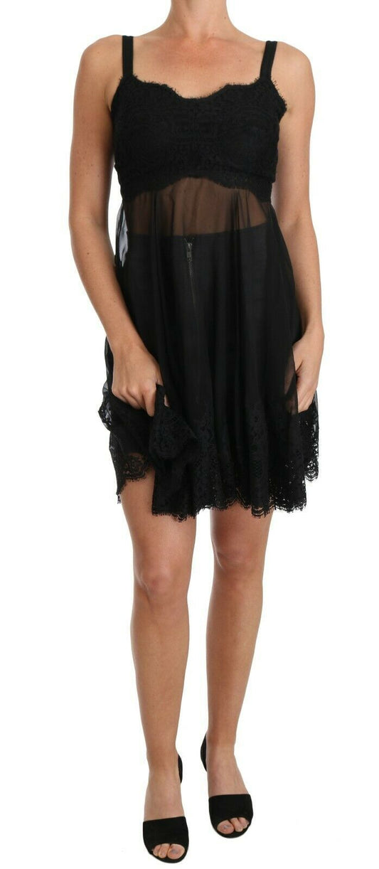 Dolce &amp; Gabbana Elegant chemise dress in black silk with floral lace