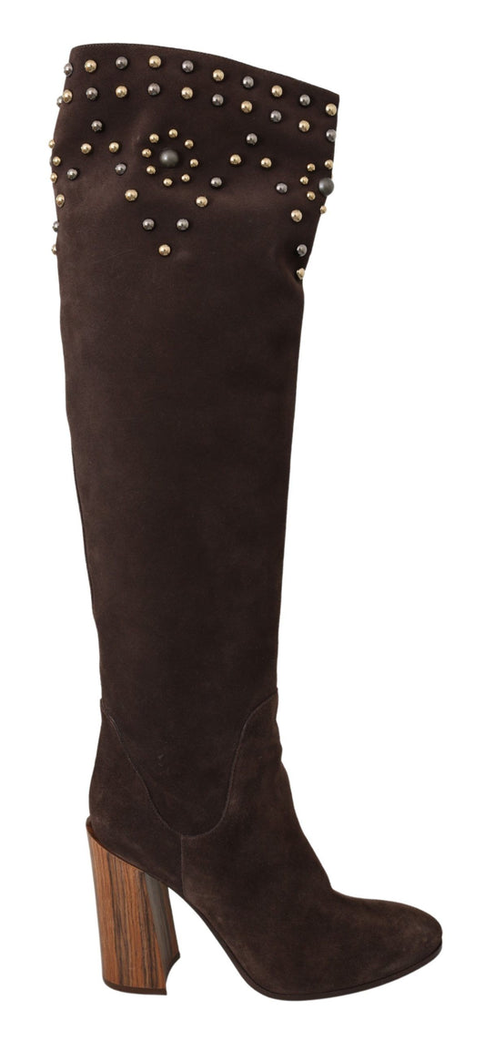 Dolce &amp; Gabbana Suede Knee High Boots with Studs in Brown