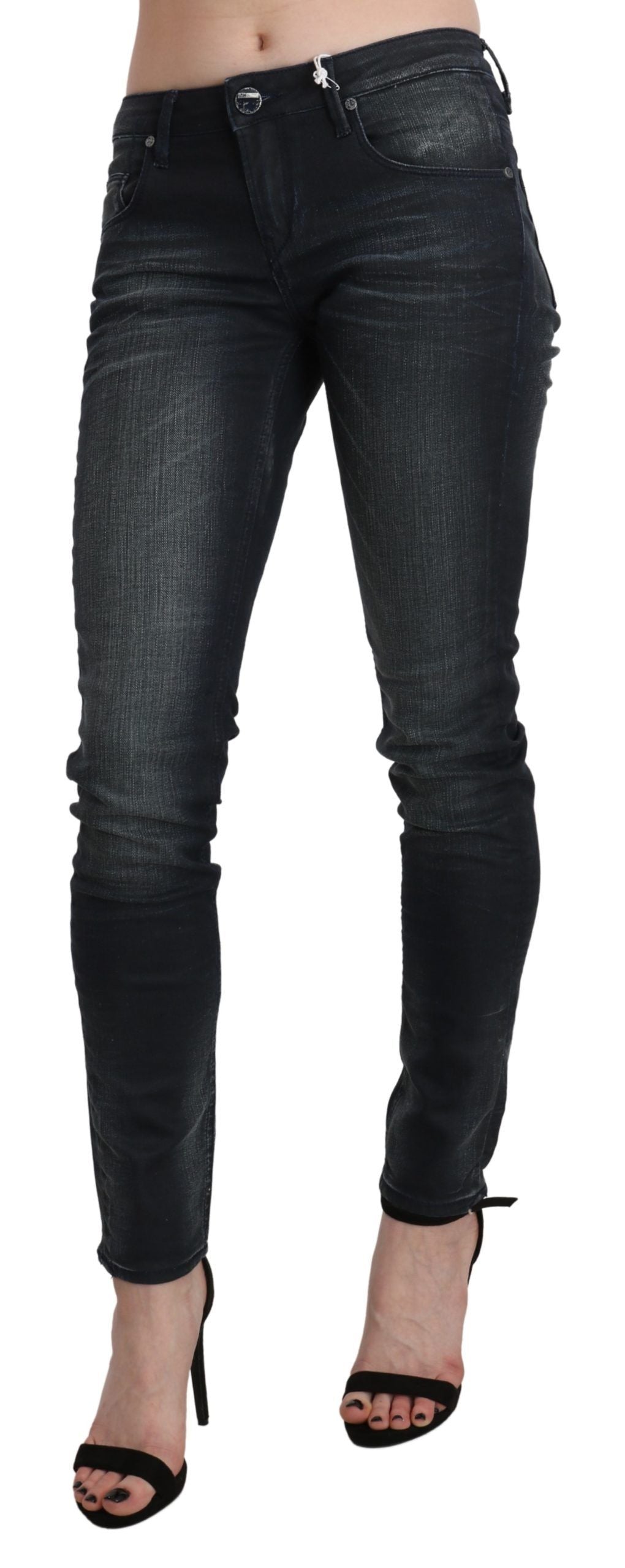 Acht Elegante Skinny-Jeans mit niedriger Taille in Schwarz