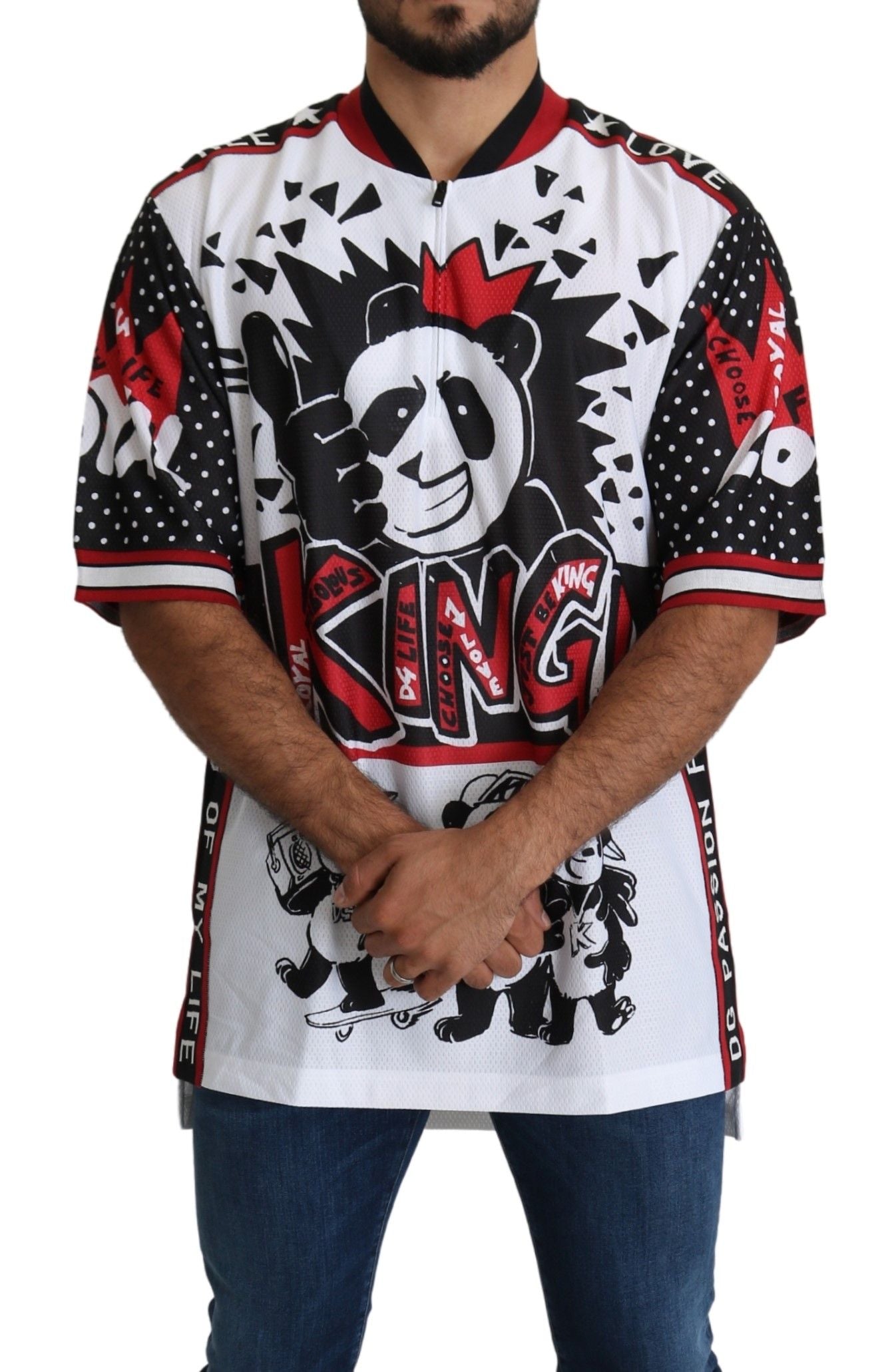 Dolce &amp; Gabbana Chic White King Panda Print Zipper Collar Tee