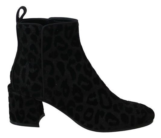 Dolce & Gabbana Elegante schwarze kurze Stiefel mit Leopardenmuster