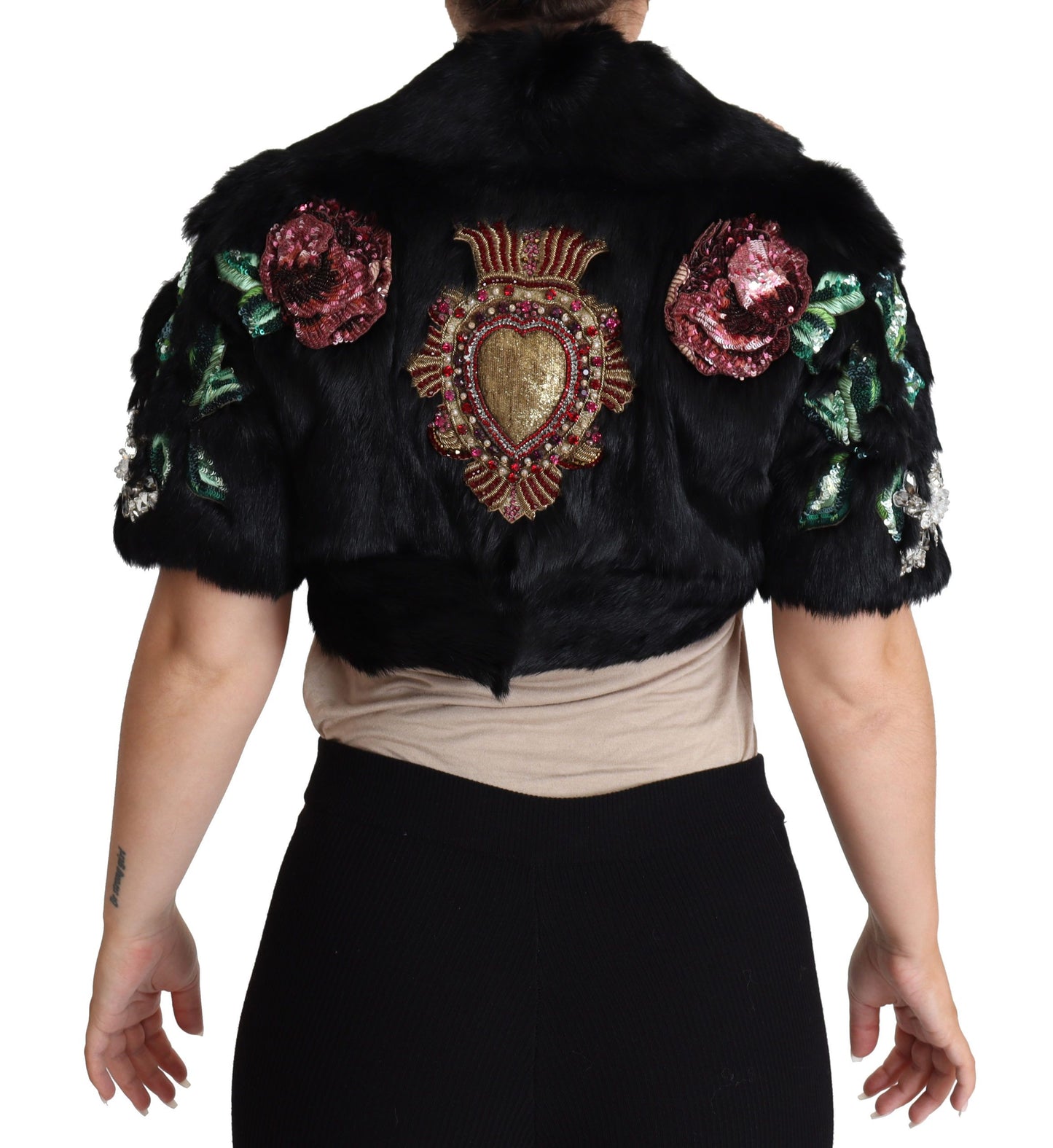 Dolce & Gabbana Elegante schwarze Kaninchenfell-Kristall-Jacke