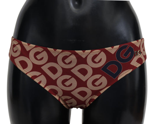 Dolce &amp; Gabbana Chic Bikini Bottom with Logo Print in Maroon Beige