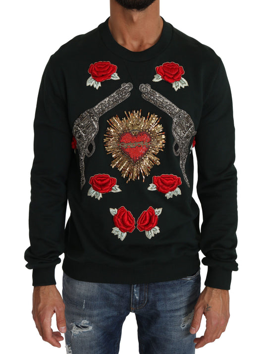 Dolce &amp; Gabbana Emerald Green Cotton Sweater with Crystal Embroidery