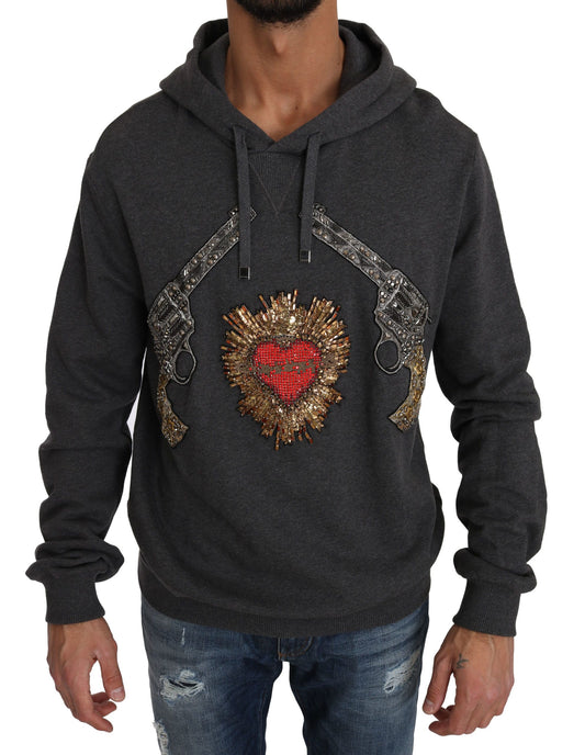 Dolce &amp; Gabbana Grey Sweater with Pistol Motif and Crystal Heart