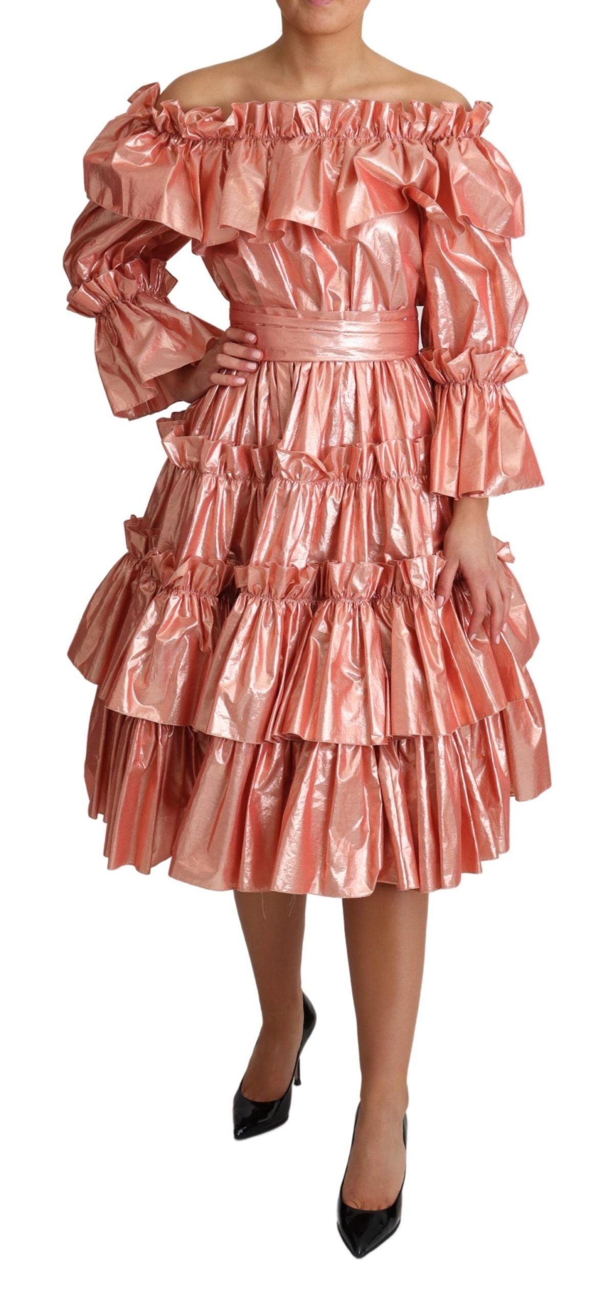 Dolce &amp; Gabbana Pink Metallic Ruffle Dress Elegance