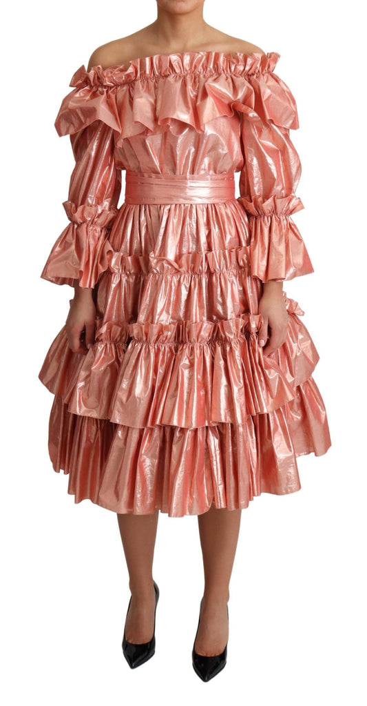 Dolce &amp; Gabbana Pink Metallic Ruffle Dress Elegance