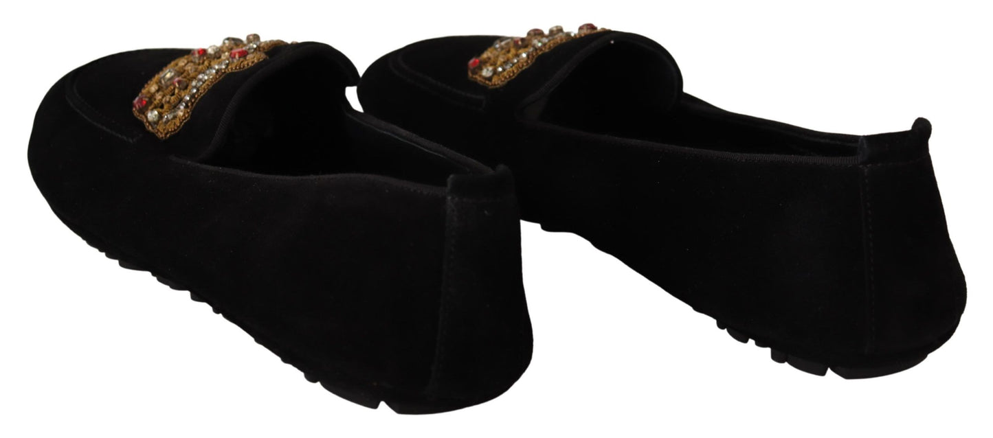 Dolce &amp; Gabbana Elegant black leather slippers with gold embroidery