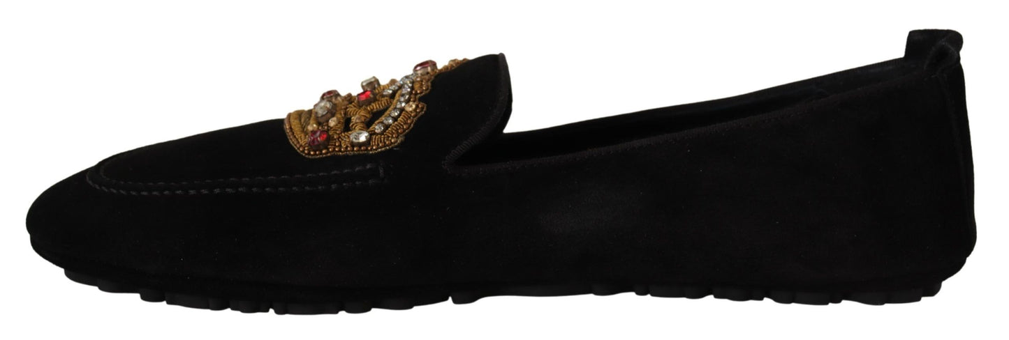 Dolce &amp; Gabbana Elegant black leather slippers with gold embroidery