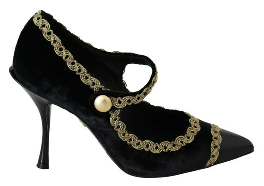 Dolce & Gabbana Elegante Pumps aus schwarzem Samt mit Goldbestickung