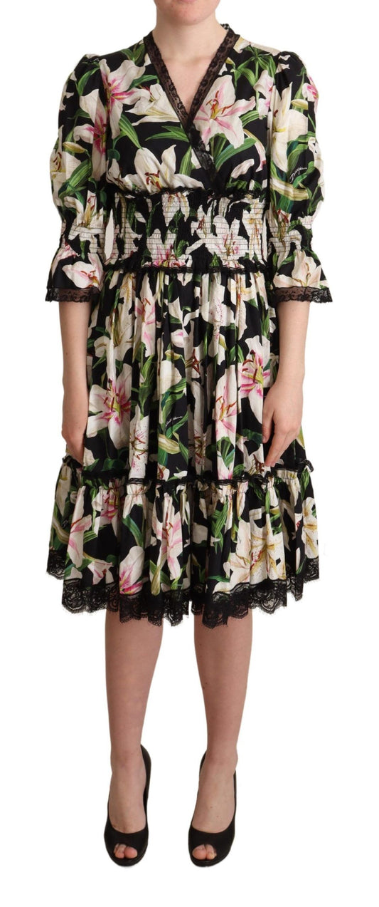 Dolce &amp; Gabbana Elegant midi dress with lily print and lace trim