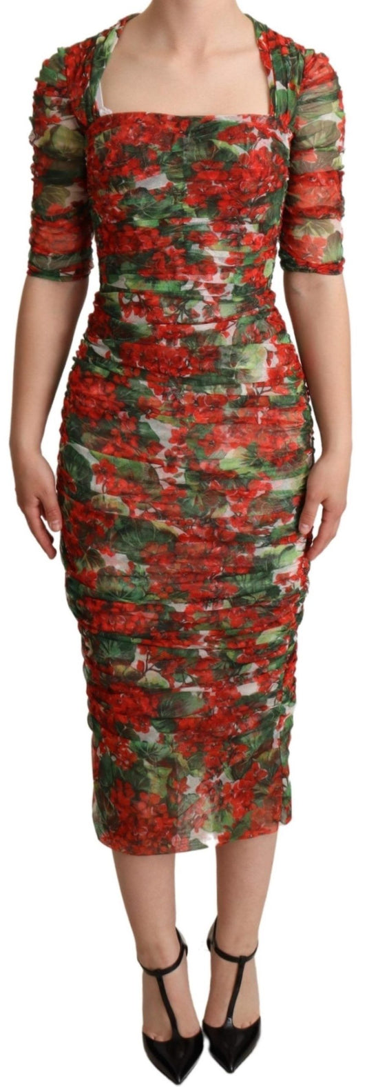 Dolce & Gabbana Elegantes Rotes Midi-Etuikleid mit Blumenmuster