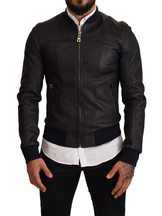 Dolce &amp; Gabbana Elegant Leather Bomber -takki tummansinisenä