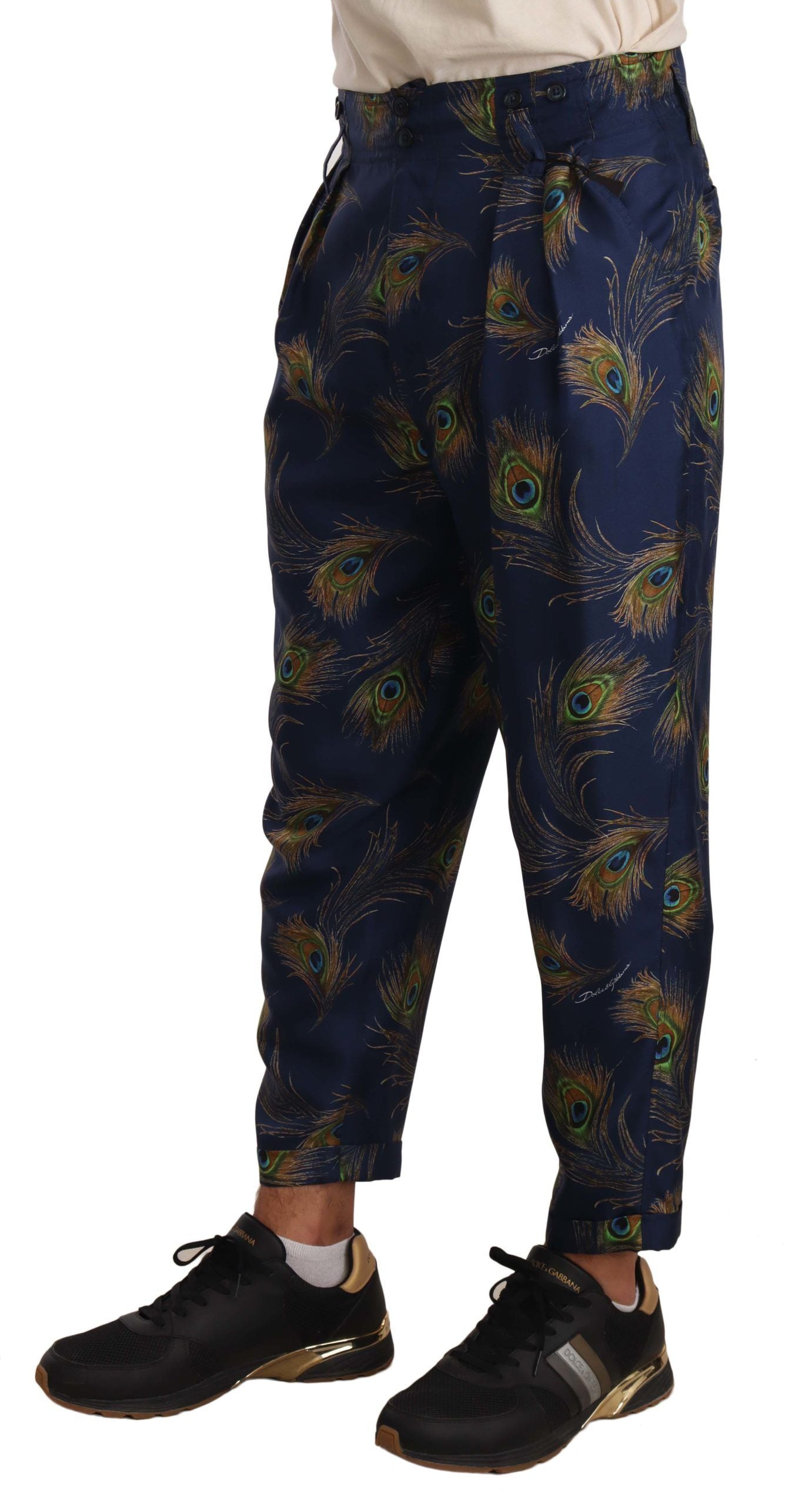 Dolce &amp; Gabbana Exquisite silk pants with peacock pattern