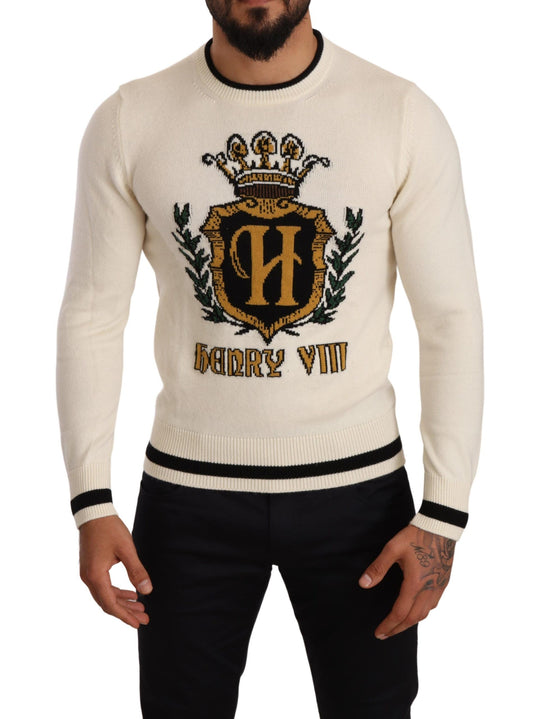 Dolce &amp; Gabbana Elegant snow-white cashmere sweater with crest