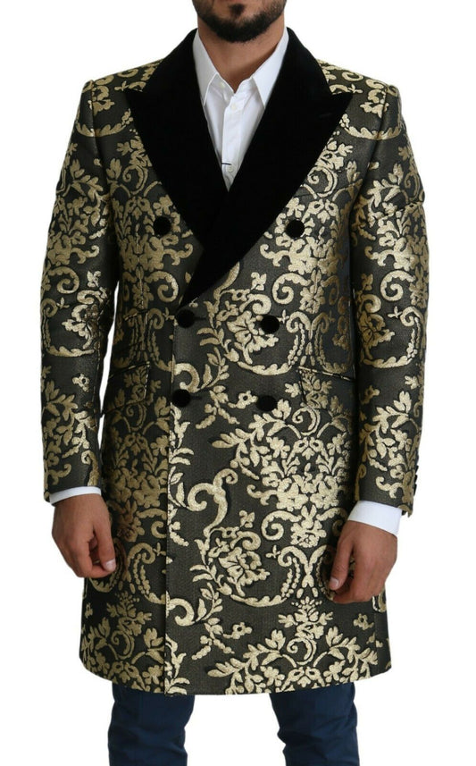 Dolce & Gabbana Gold Schwarzer Sicilia Jacquard-Mantel mit Doppelreihern