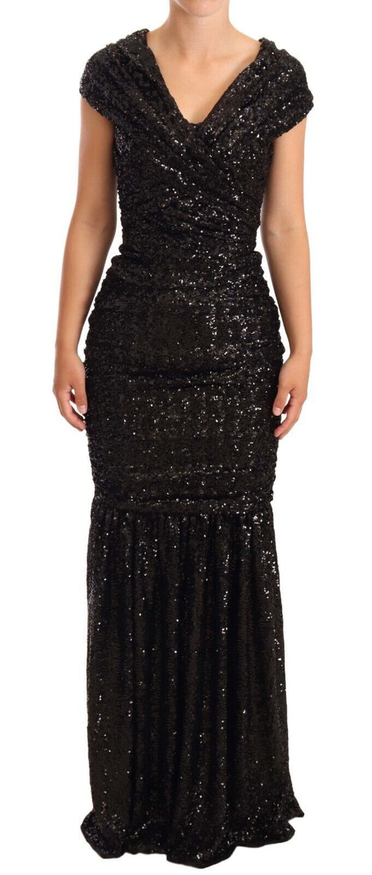 Dolce &amp; Gabbana Elegant Black Sequin Dress with Open Shoulders