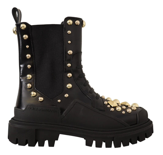 Dolce &amp; Gabbana Studded Leather Combat Boots with Embroidery