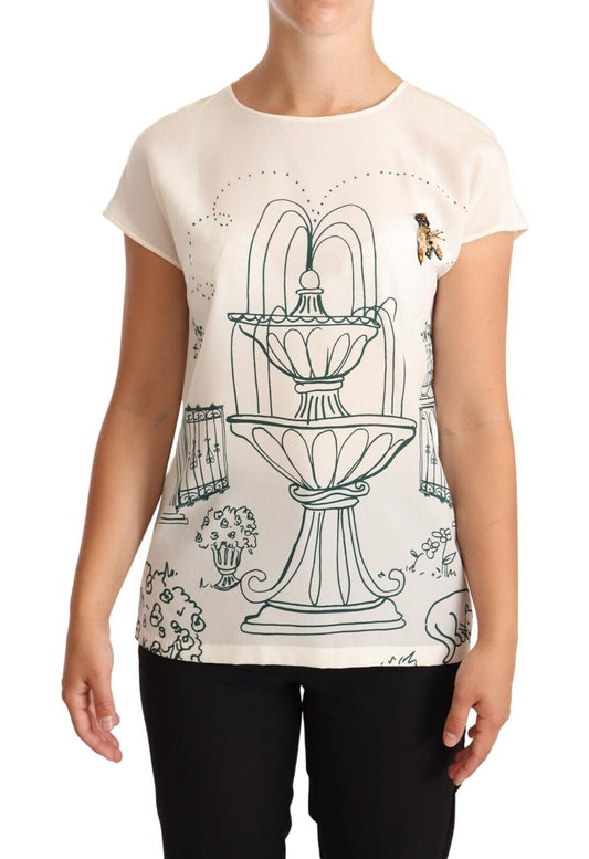 Dolce &amp; Gabbana Elegant Silk Tee with Botanical Garden Fountain