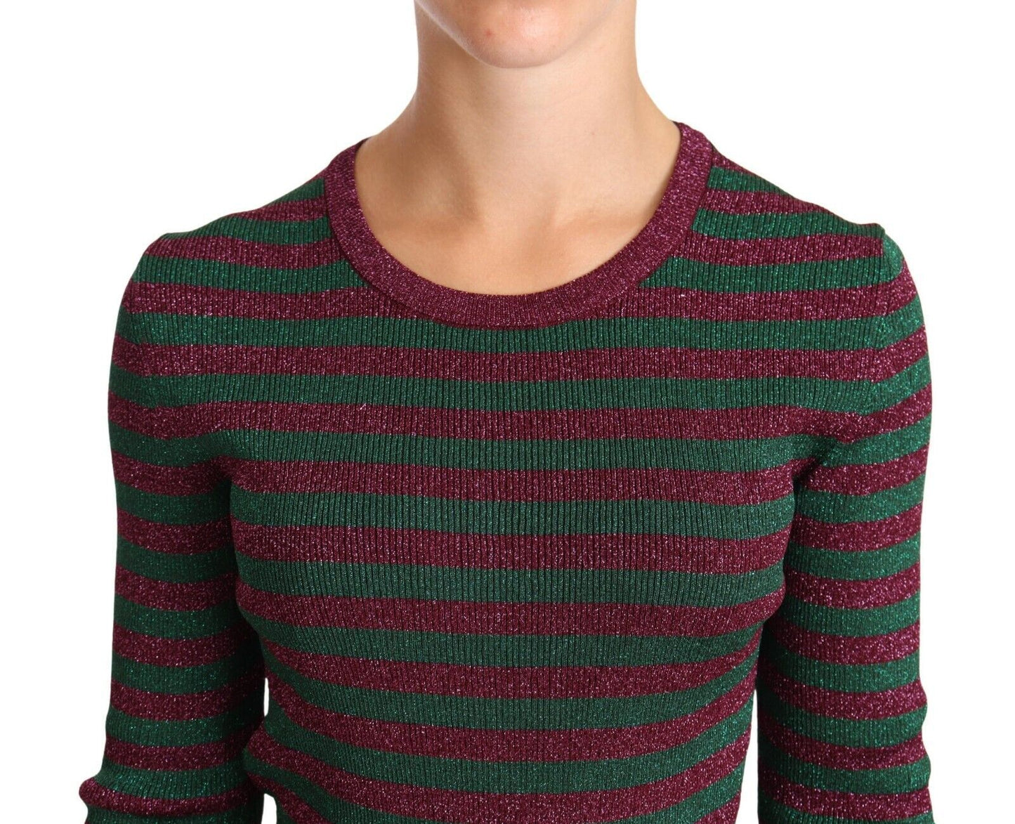 Dolce &amp; Gabbana Elegant maroon and green striped round neck sweater