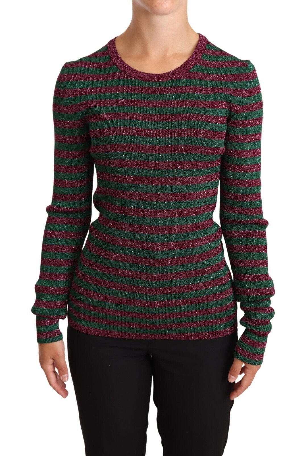 Dolce &amp; Gabbana Elegant maroon and green striped round neck sweater