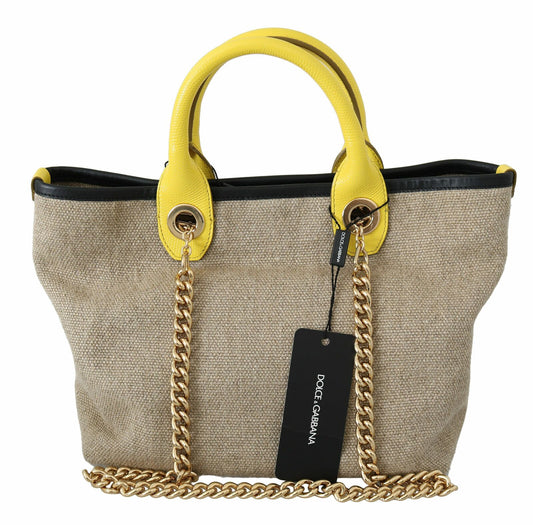 Dolce &amp; Gabbana Beige Linen Calf Bag with Gold Chain