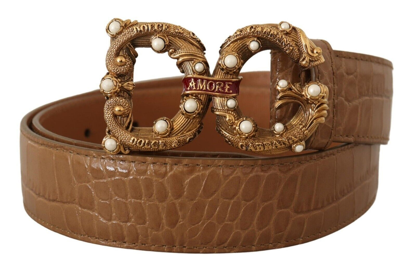 Dolce &amp; Gabbana Elegant Crocodile Leather Amore Belt with Pearls