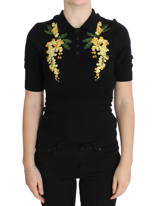 Dolce &amp; Gabbana Elegant black floral silk polo shirt