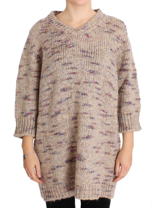 PINK MEMORIES Beige V-neck knitted sweater in plus size