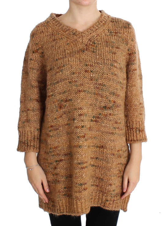 PINK MEMORIES Chic brown knitted sweater with V-neck in plus size