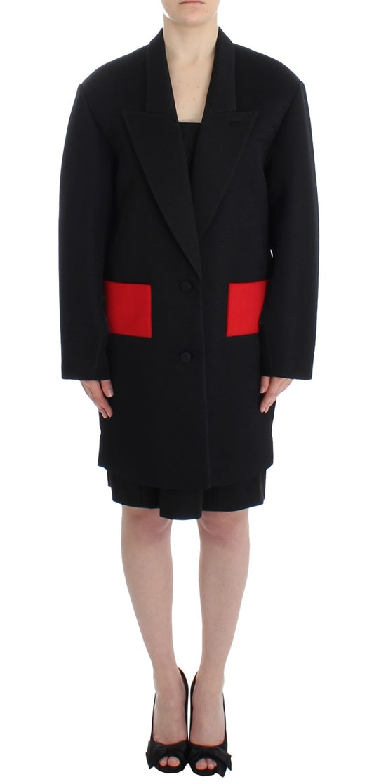 KAALE SUKTAE Elegant draped long coat in black with red accents