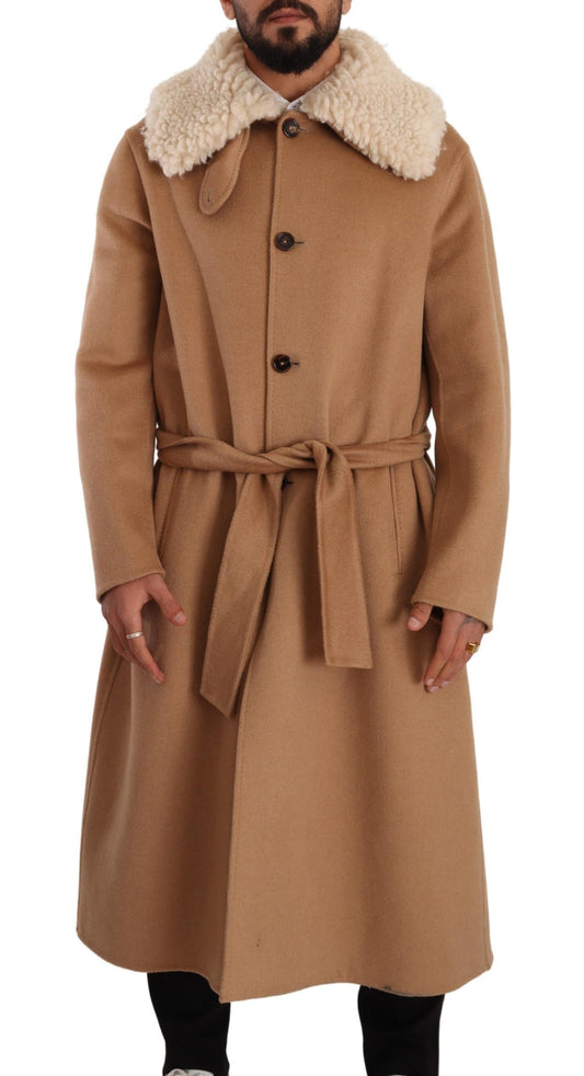 Dolce &amp; Gabbana Opulent Beige Coat with Shearling Collar