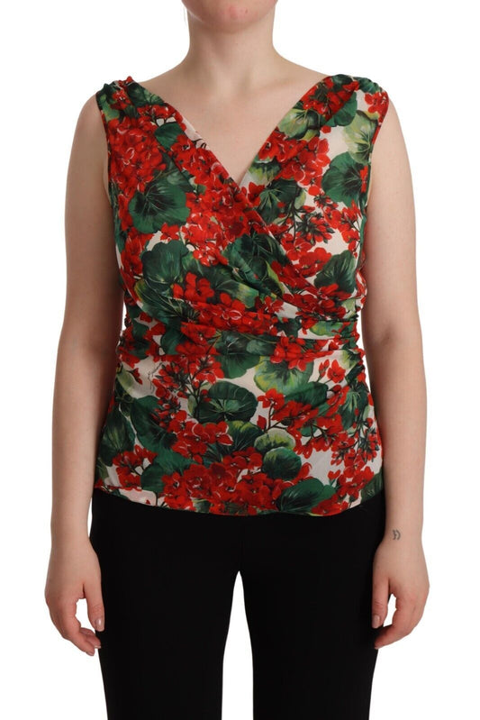 Dolce &amp; Gabbana Elegant V-neck silk tank top with geranium print