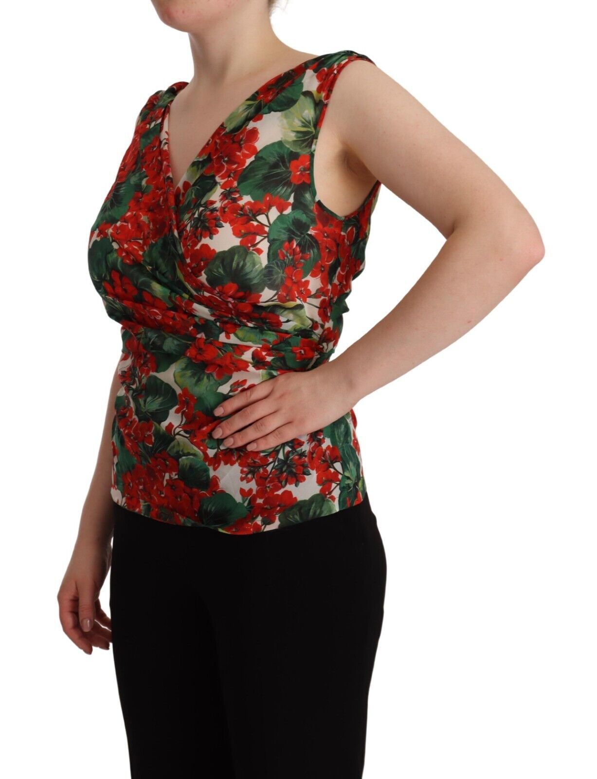 Dolce &amp; Gabbana Elegant V-neck silk tank top with geranium print