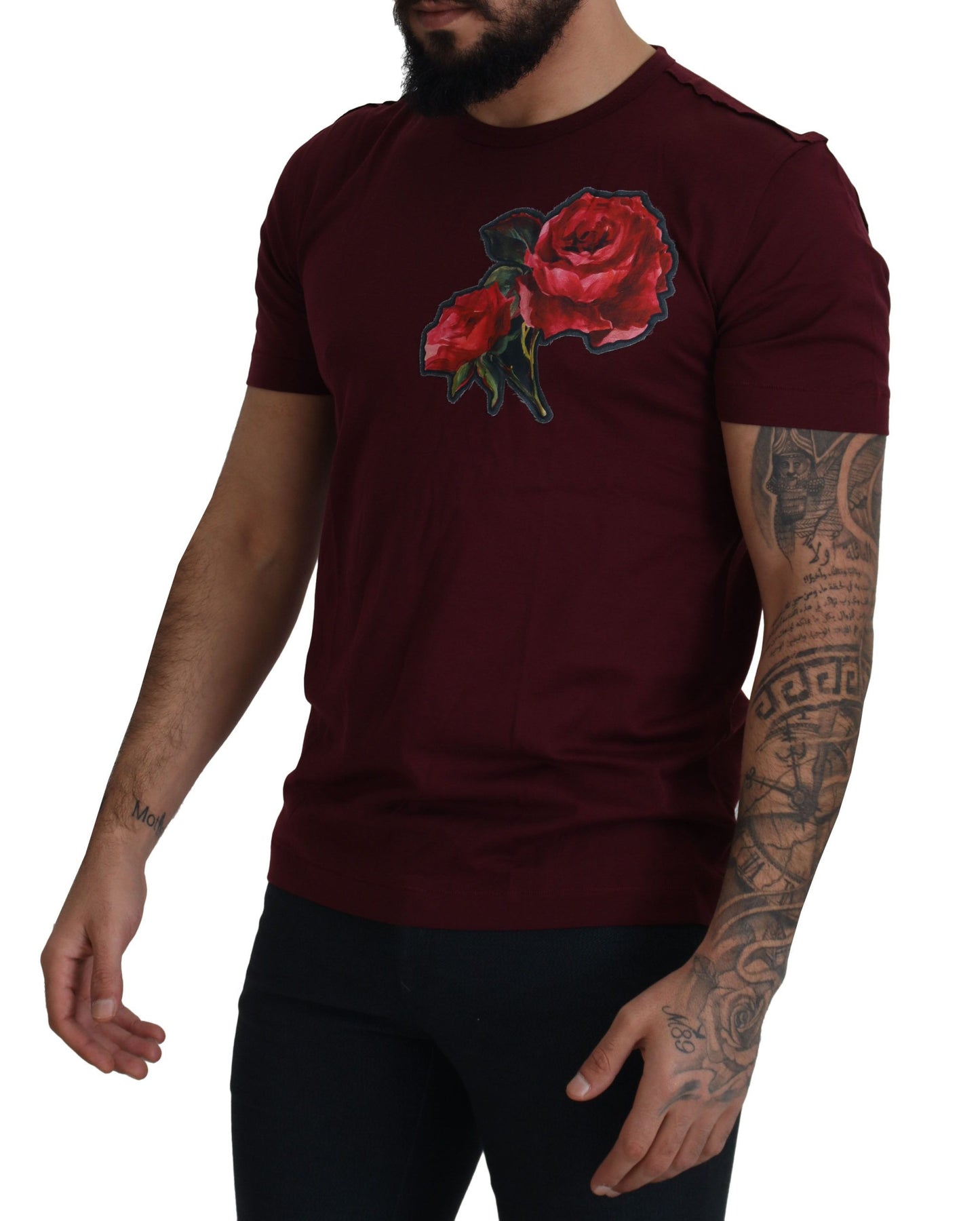 Dolce &amp; Gabbana Elegant burgundy rose motif round neck T-shirt