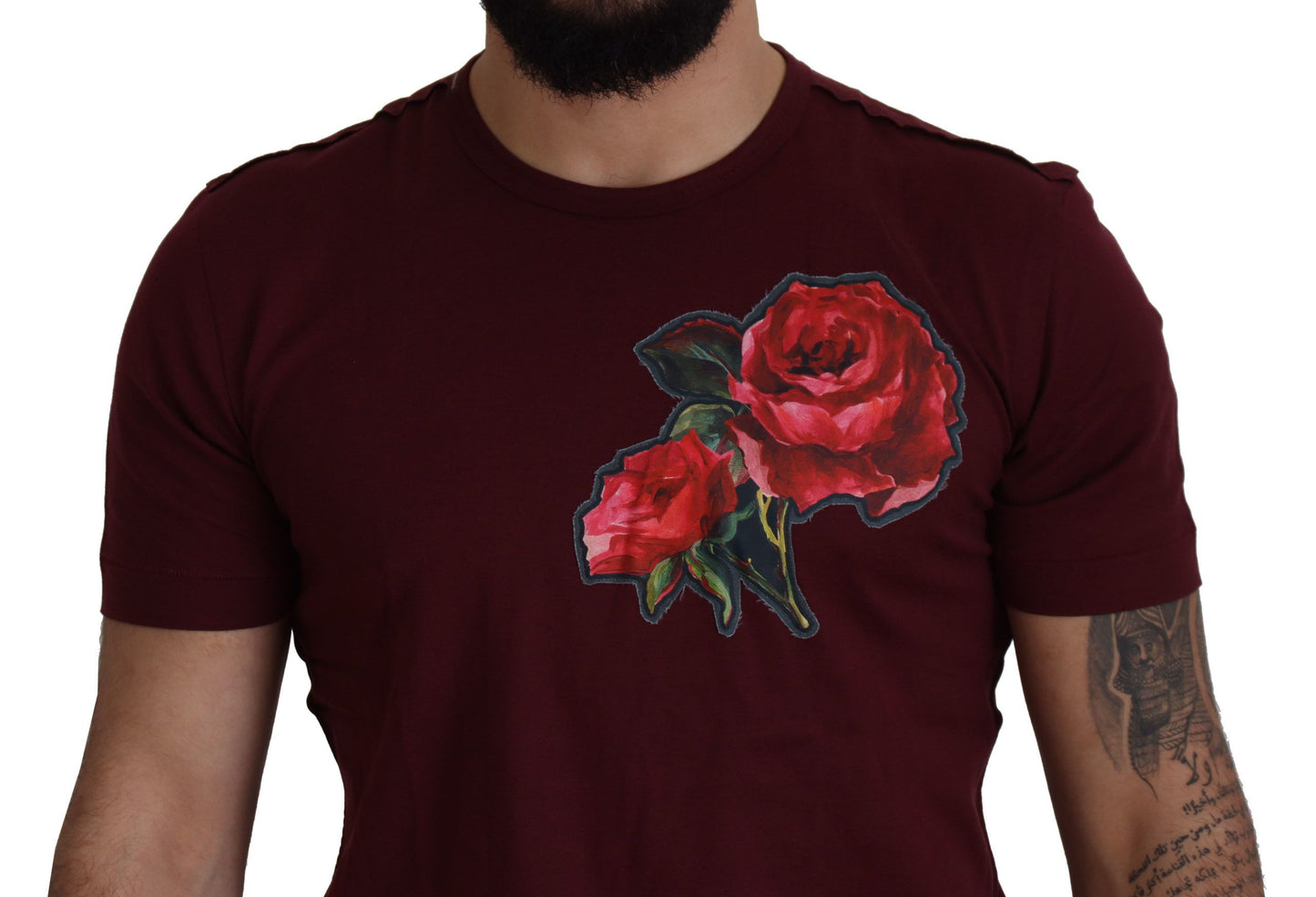 Dolce &amp; Gabbana Elegant burgundy rose motif round neck T-shirt