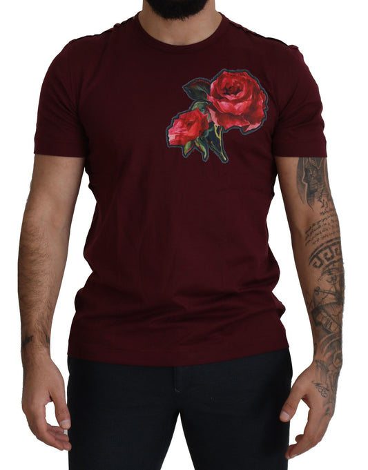 Dolce & Gabbana Elegantes bordeauxfarbenes Rosenmotiv T-Shirt mit Rundhalsausschnitt