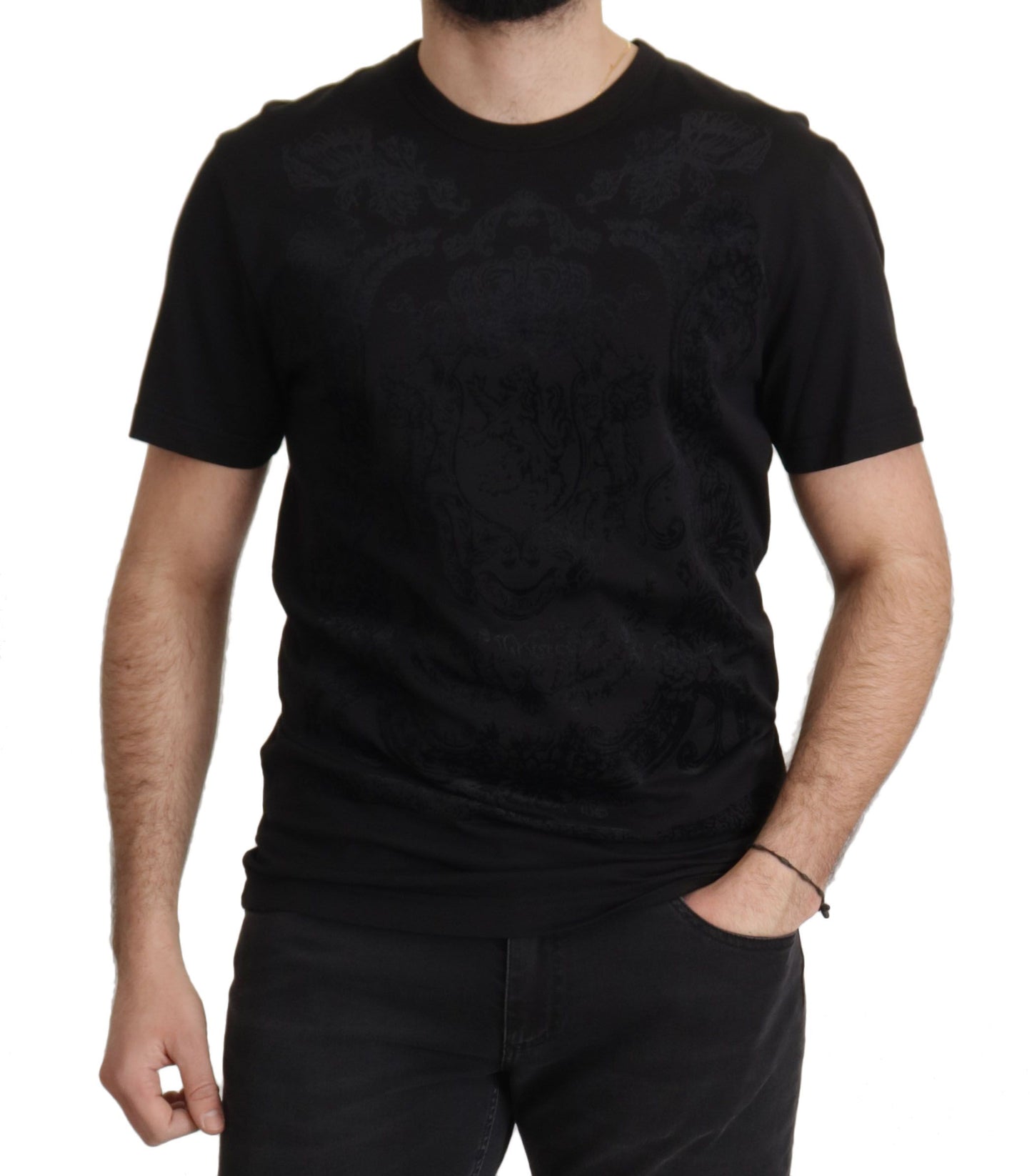 Dolce & Gabbana Elegantes Schwarzes Barock T-Shirt mit Rundhalsausschnitt