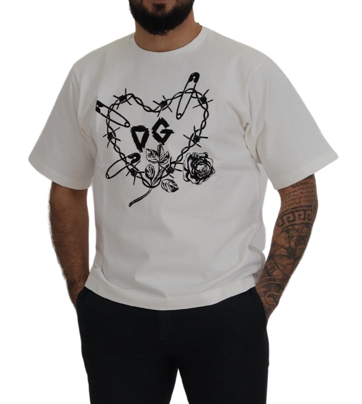 Dolce &amp; Gabbana Elegant White Heart Rose Crew Neck T-Shirt