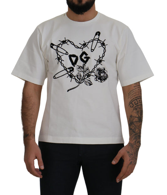 Dolce & Gabbana Elegantes weißes Herz-Rosen-T-Shirt mit Rundhalsausschnitt